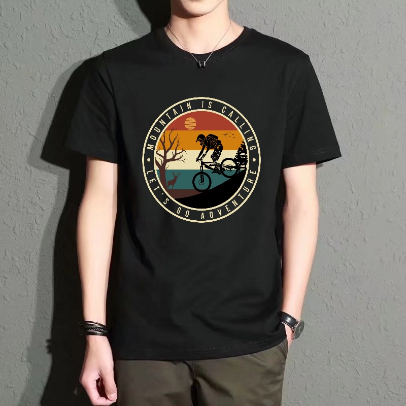 Men's Black Round-Neck Short-S - Mountain Biking Cartoon reseña y precio